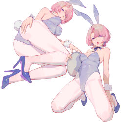 1girl absurdres arimura_mao blue_bow blue_bowtie blue_leotard bow bowtie breasts detached_collar gakuen_idolmaster high_heels highres idolmaster leotard long_hair medium_breasts multiple_views pantyhose pink_hair playboy_bunny purple_eyes ren_huozhe solo white_background white_pantyhose wrist_cuffs
