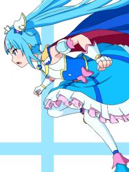 Rule 34 | 1girl, ankle boots, biisuupaa, blue boots, blue cape, blue dress, blue eyes, blue hair, boots, bow, brooch, cape, commentary, cure sky, cut bangs, detached sleeves, dress, dress bow, earclip, fingerless gloves, frilled dress, frills, from side, gloves, hair ornament, highres, hirogaru sky! precure, jewelry, leg up, long hair, looking to the side, magical girl, medium dress, multicolored hair, pink bow, pink hair, precure, puffy detached sleeves, puffy sleeves, red cape, running, single sidelock, sleeveless, sleeveless dress, solo, sora harewataru, streaked hair, thighhighs, twintails, two-sided cape, two-sided fabric, two-tone dress, two-tone hair, very long hair, white dress, white gloves, white thighhighs, wing brooch, wing hair ornament