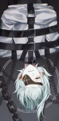 1boy absurdres anaxa_(honkai:_star_rail) chain earrings eyepatch fz7047 grin highres honkai:_star_rail honkai_(series) jewelry looking_at_viewer male_focus medium_hair one_eye_covered pink_eyes restrained single_earring smile solo stationary_restraints straitjacket teeth upper_body upside-down