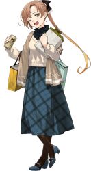 Rule 34 | 1girl, akigumo (kancolle), akigumo kai ni (comiket) (kancolle), akigumo kai ni (kancolle), bag, bags under eyes, black pantyhose, black sweater, blue footwear, blue skirt, brown hair, brown shawl, can, cold pack, fujikawa, full body, green eyes, hair ribbon, kantai collection, layered clothes, long hair, long skirt, mole, mole under eye, official alternate costume, official art, one eye closed, pantyhose, plaid clothes, plaid skirt, ponytail, ribbon, shawl, shopping bag, skirt, smile, solo, standing, sweater, transparent background, white sweater