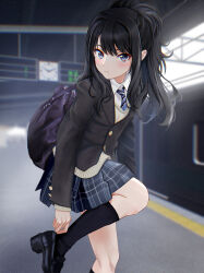 Rule 34 | 1girl, absurdres, adjusting clothes, adjusting shoe, bag, black hair, black jacket, black shoes, black skirt, blue necktie, blush, clock, commentary, diagonal-striped clothes, diagonal-striped necktie, film grain, grey sweater, half updo, highres, idolmaster, idolmaster shiny colors, jacket, kazano hiori, loafers, long hair, long sleeves, looking at viewer, mole, mole under mouth, necktie, plaid clothes, plaid skirt, school bag, school uniform, seibunchou (kxvs8474), shoes, skirt, solo, standing, standing on one leg, striped clothes, sweater, train station platform