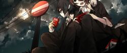 2boys arm_around_neck black-framed_eyewear black_hair black_jacket black_pants blazer book brown_hair cloud cloudy_sky collared_shirt commentary day dot_nose drink drinking_straw feet_out_of_frame fushimi_saruhiko glasses hair_over_one_eye hand_on_another&#039;s_shoulder holding holding_drink jacket k-project knees_up layered_sleeves long_sleeves looking_to_the_side male_focus milk_carton multiple_boys open_mouth outdoors pants parted_lips power_lines road_sign sevten_(ashkeroth) shirt short_hair sign sitting sky three-quarter_sleeves sun teeth upper_teeth_only white_shirt yata_misaki