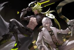 2boys abs aotu_world backlighting belt black_background black_belt black_boots black_gloves black_jacket black_pants black_shirt boots chinese_commentary closed_mouth crop_top cropped_jacket crossed_legs fighting_stance fingerless_gloves floating gloves glowing glowing_weapon greatsword green_eyes green_hair grey_gloves groin gun hair_between_eyes halo hand_on_another&#039;s_shoulder high_collar highres holding holding_gun holding_sword holding_weapon jacket jewelry long_hair long_sleeves looking_at_viewer low_ponytail male_focus midriff multicolored_eyes multiple_boys multiple_rings muscular navel night night_sky open_clothes open_shirt over_shoulder pants pectorals pointy_ears ponytail red_eyes ring shade shirt short_hair skin_tight sky smile star_(sky) stomach sword toned tongue tongue_out turtleneck underpec waist_cape waterrice11 weapon weapon_over_shoulder white_hair white_pants white_shirt xander_(aotu_world) yellow_eyes zain_(aotu_world)