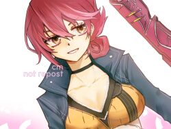 1girl artist_request breasts choker cleavage double-parted_bangs eiyuu_densetsu english_text gradient_background grin hair_between_eyes hair_bun large_breasts pink_hair sara_valestein sen_no_kiseki_(series) short_hair simple_background smile solo watermark wing_collar yellow_eyes