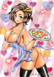 10s 1girl apron apron_pull arched_back ass bare_shoulders between_breasts black_thighhighs blue_eyes blush breasts brown_hair cleavage clothes_pull clothes_writing collarbone cowboy_shot creatures_(company) dark-skinned_female dark_skin earrings female_focus food from_side game_freak grace_(pokemon) hair_intakes hair_ornament hairclip halterneck heart heart_background jewelry large_breasts looking_at_viewer macaron marker_(medium) mature_female mother_(pokemon) musical_note naked_apron nintendo no_panties pokemon pokemon_xy quaver short_hair sleeveless smile solo takecha thighhighs traditional_media tray