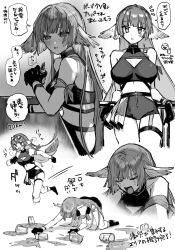 Rule 34 | 1girl, arknights, bar counter, bikini, breasts, clumsy, crying, drinking, dropped object, fallen down, feather hair, gloves, grey hair, greyscale, highres, large breasts, long hair, monochrome, poncirus (arknights), poncirus (to rest in night breezes) (arknights), running, senjou no pentsu, streaming tears, sweat, swimsuit, tears, thigh strap