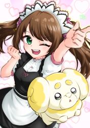 Rule 34 | 1boy, apron, artist name, black dress, brown hair, check commentary, commentary request, crossdressing, crossover, dress, fidough, green eyes, hair ornament, heart, heart background, highres, idolmaster, idolmaster side-m, long hair, maid, maid apron, maid headdress, male maid, mizushima saki, nintendo, one eye closed, open mouth, pink background, pointing, pokemon, pokemon (creature), simple background, smile, star (symbol), star hair ornament, teeth, trap, twintails, two-tone background, upper teeth only, user rmwm3843, white background