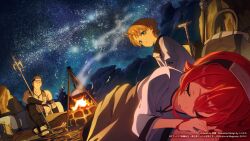 1girl 2boys bad_source brown_hair campfire closed_eyes closed_mouth eris_greyrat fire green_eyes higashigure highres multiple_boys mushoku_tensei night open_mouth red_hair rudeus_greyrat ruijerd_superdia short_hair sky sleeping smile star_(sky) starry_sky