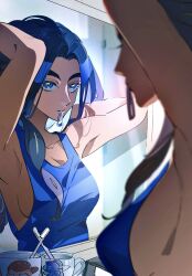 1girl adjusting_hair armpits arms_behind_head blue_eyes blue_shirt blurry blurry_foreground breasts character_print closed_mouth collarbone cup eyelashes geeta_(pokemon) geetasdog hair_tie_in_mouth highres indoors medium_breasts mirror mouth_hold nintendo pokemon pokemon_sv reflection shirt sideboob sleeveless sleeveless_shirt solo toothbrush upper_body