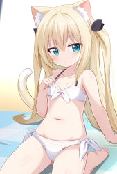 1girl animal_ear_fluff animal_ears arm_support barefoot beach beach_towel bikini blonde_hair blue_eyes breasts breasts_day cat_ears cat_girl cat_tail feet good_breasts_day highres leaning_back long_hair mogura2009 nave original outdoors ribbon side-tie_bikini_bottom sitting small_breasts soles solo stomach swimsuit tail thighs toes towel two_side_up white_bikini
