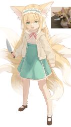 1girl absurdres angry animal_ear_fluff animal_ears arknights blonde_hair blush_stickers chinese_commentary clenched_hand commentary_request facing_viewer fox_girl fox_tail frilled_hairband frills green_skirt hairband highres holding holding_knife jacket knife lace_trim large_ears legs_apart long_hair looking_at_viewer multiple_tails open_clothes open_jacket open_mouth photo_inset ribbon signature simple_background skirt suzuran_(arknights) tail tansankuu white_background yellow_tail