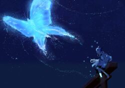 1girl absurdres ahoge animomfs3 blue_butterfly bug butterfly butterfly_hair_ornament dress ginka hair_ornament highres insect light_particles night night_sky sitting sitting_on_torii sky solo torii white_dress white_hair