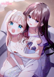 2girls aqua_eyes between_legs blonde_hair brown_hair crying dress grabbing_another&#039;s_breast groping hand_between_legs highres long_hair misumi_(macaroni) molestation multiple_girls non-web_source original purple_dress purple_eyes scared smile white_dress yuri