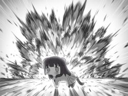 Rule 34 | 1girl, animal ears, bang dream!, blush, cat ears, cat girl, cat tail, chibi, chibi only, dress, explosion, greyscale, hanasakigawa school uniform, highres, kanade (kanade 3344), kemonomimi mode, long hair, long sleeves, monochrome, pleated dress, school uniform, shirokane rinko, solo, tail