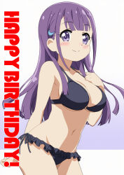 Rule 34 | 1girl, 22/7, arm behind back, bikini, black bikini, blush, breasts, center-flap bangs, closed mouth, cowboy shot, fanged bangs, frilled bikini, frills, groin, hair ornament, hand on own chest, happy birthday, ichinose hotaru, long hair, mizusaki johnko, mole, mole under eye, navel, purple eyes, purple hair, side-tie bikini bottom, smile, solo, standing, swimsuit
