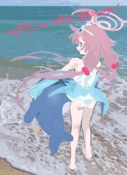 1girl ass bare_shoulders barefoot bikini blue_archive blue_eyes blue_jacket day eyewear_on_head fang from_behind hair_bobbles hair_ornament halo highres horizon hoshino_(blue_archive) hoshino_(swimsuit)_(blue_archive) inflatable_toy inflatable_whale jacket long_hair low_twintails nemo_(leafnight) ocean open_mouth outdoors pink_hair signature smile solo standing strap_slip sunglasses swimsuit translation_request twintails very_long_hair wading water white_bikini