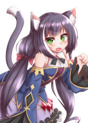 1girl animal_ear_fluff animal_ears bare_shoulders black_hair blush breasts cat_ears cat_girl cat_tail commentary_request detached_sleeves dress fang frilled_dress frills gao green_eyes highres horokusa_(korai) karyl_(princess_connect!) long_hair multicolored_hair open_mouth partial_commentary princess_connect! purple_dress solo streaked_hair tail very_long_hair white_hair wide_sleeves