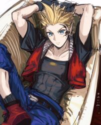 1boy arms_up belt black_belt black_gloves black_shirt blonde_hair blue_eyes blue_shorts boots couch cropped_jacket crossed_legs day expressionless facial_tattoo final_fantasy final_fantasy_viii gloves highres indoors jacket lying male_focus nishinsobha on_back on_couch red_boots red_jacket shirt short_hair short_sleeves shorts solo spiked_hair tattoo tribal_tattoo zell_dincht