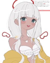 Rule 34 | 1girl, :d, bare shoulders, bikini, blunt bangs, blush, breasts, collarbone, danganronpa (series), danganronpa v3: killing harmony, detached wings, fake wings, frilled bikini, frills, green eyes, grey hair, halo, highres, jewelry, long hair, necklace, open mouth, pote (pote 39), shell, shell necklace, small breasts, smile, solo, swimsuit, translation request, upper body, white bikini, wings, yonaga angie
