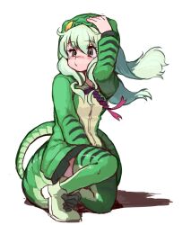 black_bow black_bowtie blush boomslang_(kemono_friends) boots bow bowtie floating_hair green_boots green_eyes green_hair green_hoodie green_skirt green_thighhighs hair_between_eyes hand_on_own_head handsdsds highres hood hood_up hoodie kemono_friends long_hair long_sleeves multicolored_boots multicolored_hair multicolored_hoodie nose_blush on_one_knee pleated_skirt print_hoodie print_thighhighs sidelocks skirt snake_girl snake_print snake_tail tail thighhighs two-tone_boots white_boots zettai_ryouiki
