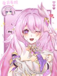 Rule 34 | 1girl, ;o, border, chinese commentary, commentary request, corset, diamond-shaped pupils, diamond (shape), elysia (honkai impact), gloves, hair ornament, heart, highres, honkai (series), honkai impact 3rd, long hair, looking at viewer, mistraitangyu, one eye closed, pink background, pink hair, purple eyes, reaching, reaching towards viewer, solo, symbol-shaped pupils, triquetra, very long hair, white border, white corset, white gloves