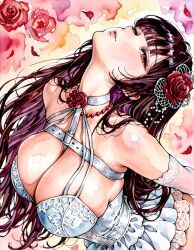 1girl anisrapinikke black_hair breasts cleavage collar dress flower goddess_of_victory:_nikke hair_flower hair_ornament large_breasts long_hair mihara_(bonding_chain)_(nikke) mihara_(nikke) red_eyes solo white_dress