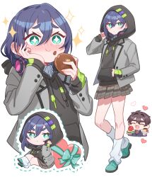 +_+ 1boy 1girl :/ aijou_rentarou anpan apple black_hair black_hoodie blazer blue_hair blush box brown_skirt chibi chibi_inset closed_eyes closed_mouth commentary_request cropped_torso double-parted_bangs drawstring ear_blush eating expressionless food food_on_face foodgasm fruit full_body furrowed_brow green_eyes green_shoes grey_jacket hair_between_eyes hand_in_pocket hand_on_own_cheek hand_on_own_face haraga_kurumi headphones headphones_around_neck heart-shaped_box holding holding_food hood hood_up hoodie jacket jacket_over_hoodie kanyoko_(yuzukano_17) kimi_no_koto_ga_dai_dai_dai_dai_daisuki_na_100-nin_no_kanojo long_sleeves looking_at_viewer loose_socks ohananomitsu_middle_school_uniform open_clothes open_jacket open_mouth plaid_clothes plaid_skirt pleated_skirt pudding sandwich school_uniform shoes simple_background sitting skirt smile socks sparkle standing v-shaped_eyebrows white_background white_socks