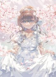 1girl absurdres blue_eyes blurry blurry_foreground brown_hair cherry_blossoms chipochopo324 closed_mouth clothes_lift commentary_request cowboy_shot crossed_bangs dot_nose dress dress_lift flower hair_between_eyes hair_ribbon hairband highres lace_trim light_smile long_hair looking_at_viewer original pink_flower ribbon short_sleeves solo watermark white_dress white_hairband white_ribbon