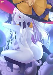 1girl abigail_williams_(fate) abigail_williams_(third_ascension)_(fate) andro_gs anus back blush breasts colored_skin commission completely_nude eyebrows eyelashes fate/grand_order fate_(series) female_focus from_behind frottage full_body grin hat highres loli long_hair looking_at_viewer looking_back multicolored_hat naughty_face nipples nude purple_eyes pussy red_eyes small_breasts smile smug solo spread_legs squatting staff teeth tentacles third_eye tiptoes uncensored white_skin witch_hat