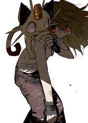 Rule 34 | 1boy, black gloves, brown hair, brown pants, cat, fingerless gloves, gen 1 pokemon, gloves, goguma wagamja, highres, long hair, male focus, meowth, nintendo, original, pants, pokemon, pokemon (creature), red eyes, shirt, simple background, white background, white shirt