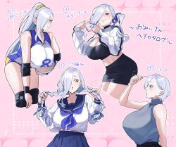 1girl absurdres alternate_hair_length alternate_hairstyle ball bare_shoulders black_skirt black_sports_bra blue_lips blue_sailor_collar blue_skirt braid breasts buruma choker crop_top crop_top_overhang elbow_pads eyeliner fate/grand_order fate_(series) grey_sweater hair_over_one_eye highres hiyayaako knee_pads large_breasts long_hair long_sleeves looking_at_viewer makeup mrs._snake_(fate) multiple_views neckerchief pencil_skirt ponytail sailor_collar school_uniform shirt short_hair shrug_(clothing) skirt sleeveless sleeveless_turtleneck sports_bra sportswear sweater tank_top thighs translation_request turtleneck twin_braids twintails volleyball_(object) volleyball_uniform white_hair white_shirt white_shrug white_tank_top yellow_eyes