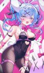 1girl abstract_background ahoge alternate_costume alternate_hair_color alternate_hair_length alternate_hairstyle animal_ears arm_at_side arm_ribbon arm_strap armpits bandages bare_shoulders between_legs black_leotard black_ribbon blue_hair blunt_ends blush bow bowtie breasts card chest_harness cleavage clothing_cutout collar commentary_request covered_navel cuffs detached_collar double-parted_bangs fake_animal_ears fishnet_pantyhose fishnets gyozanuko hair_between_eyes hair_ornament hair_ribbon hairband hand_between_legs handcuffs harness hatsune_miku heart heart-shaped_pupils heart_cutout heart_hair_ornament highres large_breasts leotard long_hair looking_at_viewer multicolored_hair nail_polish o-ring official_alternate_costume open_mouth pantyhose pink_bow pink_bowtie pink_hair pink_nails pink_ribbon pink_straps playboy_bunny playing_card rabbit_ears rabbit_hair_ornament rabbit_hole_(vocaloid) raised_inner_eyebrows ribbon smile solo streaked_hair sweat symbol-shaped_pupils thigh_strap thighs trembling twintails vocaloid white_collar white_hairband wristband x_hair_ornament x_x