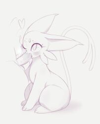 1boy animal_focus animal_sexualization bestiality blush cum cum_in_mouth erection espeon fang forehead_jewel forked_tail full_body gen_2_pokemon grey_background greyscale heart kekitopu looking_at_another looking_up monochrome nintendo one_eye_closed open_mouth penis pokemon pokemon_(creature) raised_eyebrows simple_background sitting sketch solo_focus sparkle tail testicles veins veiny_penis