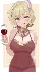 Rule 34 | 1girl, alcohol, bare shoulders, blonde hair, blush, breasts, citrinne (fire emblem), cleavage, commission, covered navel, cup, dress, drinking glass, feather hair ornament, feathers, fire emblem, fire emblem engage, hair ornament, highres, holding, holding cup, large breasts, looking at viewer, n 54, nintendo, red eyes, short hair, skeb commission, skindentation, sleeveless, sleeveless dress, smile, solo, wine, wine glass