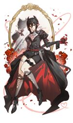 1girl absurdres arknights artist_name ascot baiyuyi belt black_hair black_shorts boots closed_mouth coat dated demon_horns demon_tail entelechia_(arknights) flower full_body gloves hair_between_eyes heart high_heel_boots high_heels highres holding horns juliet_sleeves kneehighs legwear_garter long_sleeves looking_at_viewer mirror petals pointy_ears puffy_sleeves red_eyes red_flower red_gloves red_rose rose short_hair shorts smile socks solo tail thigh_strap white_ascot white_background