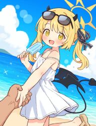 1boy 1girl :d bare_arms bare_shoulders beach blonde_hair blue_archive blue_sky blush day demon_girl demon_horns demon_tail demon_wings dress food halo holding holding_food holding_hands horns ibuki_(blue_archive) looking_at_viewer onyhakase open_mouth outdoors popsicle sky sleeveless sleeveless_dress smile solo_focus strap_slip sundress sunglasses tail white_dress wings yellow_eyes