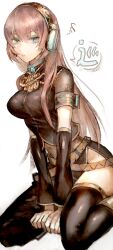 1girl aqua_eyes artist_name black_thighhighs breasts brown_hair covered_navel full_body headset highres large_breasts long_hair looking_at_viewer megurine_luka sitting solo thighhighs ueno_zousui vocaloid