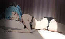 1girl armpit_crease ass bed black_bow black_bra black_panties blue_hair blush bow bra breasts butt_crack closed_curtains closed_eyes commentary commission curtains english_commentary hair_bow highres lying mattress medium_hair on_stomach original panties parted_bangs parted_lips pillow sleeping solo twin_(tt_lsh) twintails underwear
