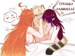 Rule 34 | 3girls, absurdres, ahoge, ankie (ankys ), bite mark, bite mark on breast, blonde hair, breasts, chasca (genshin impact), commentary, english commentary, english text, genshin impact, girl sandwich, green eyes, hickey, highres, jaguar girl, large breasts, long hair, mavuika (genshin impact), morning, multiple girls, nude, pointy ears, puckered lips, purple hair, red hair, sandwiched, speech bubble, twitter username, under covers, xilonen (genshin impact), yuri, zzz