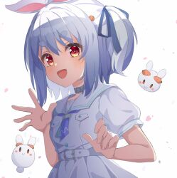 :d absurdres ame. animal_ears belt belt_buckle blue_hair blue_ribbon blush buckle carrot_hair_ornament choker commentary_request dress food-themed_hair_ornament grey_choker hair_ornament hair_ribbon hand_up highres hololive looking_at_viewer open_mouth pekomon_(usada_pekora) petals pleated_dress puffy_short_sleeves puffy_sleeves rabbit_ears rabbit_hair_ornament red_eyes ribbon short_eyebrows short_sleeves simple_background smile solo_focus thick_eyebrows two_side_up upper_body usada_pekora usada_pekora_(casual) virtual_youtuber white_background white_belt white_dress