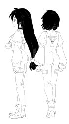 1girl ass black_choker black_hair bodysuit boots breasts choker crystal dede_(qwea_00000) facing_away facing_to_the_side final_fantasy final_fantasy_ix full_body garnet_til_alexandros_xvii highres jewelry juliet_sleeves long_hair long_sleeves low-tied_long_hair medium_breasts multiple_views pendant profile puffy_long_sleeves puffy_sleeves short_hair sketch solo thigh_strap white_background
