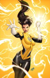 1girl alternate_costume black_bodysuit bodysuit breasts brown_hair clenched_hand david_nakayama dc_comics gloves green_lantern_(series) highres initial jessica_cruz long_hair looking_at_viewer magic medium_breasts red_lips sinestro_corps solo two-tone_bodysuit white_gloves yellow_background yellow_bodysuit yellow_eyes yellow_lantern