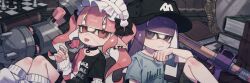 Rule 34 | 2girls, :p, black bow, black choker, black hat, black shirt, black shorts, blue shirt, blunt bangs, bow, bucket hat, candy, cat hair ornament, choker, closed mouth, commission, earrings, food, hair bow, hair ornament, hairband, half-closed eyes, hat, heart, heart choker, heart earrings, highres, holding, holding candy, holding food, holding lollipop, hoop earrings, inkling, inkling girl, inkling player character, jewelry, lolita hairband, lollipop, long hair, looking at viewer, multiple earrings, multiple girls, nautilus (splatoon), nintendo, pink eyes, pink hair, pink shirt, pointy ears, prat rat, purple eyes, purple hair, shirt, short sleeves, shorts, snipewriter (splatoon), splatoon (series), t-shirt, tentacle hair, tongue, tongue out, two-tone shirt, watermark, watermark grid, white arm warmers, white hairband