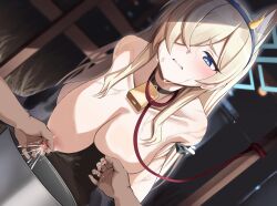 1girl absurdres bdsm bell blonde_hair blue_archive blue_eyes blue_halo breast_milk breasts collar collarbone commentary_request cowbell halo hand_milking highres kanna_(blue_archive) kuromiz lactation large_breasts leash long_hair neck_bell nipples nude pet_play slave solo_focus sweat