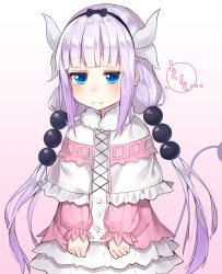 10s 1girl 3: blue_eyes blunt_bangs blush capelet closed_mouth cowboy_shot crying crying_with_eyes_open female_focus fur_trim gradient_background gradient_hair hair_bobbles hair_ornament highres horns jitome kanna_kamui kobayashi-san_chi_no_maidragon light_purple_hair long_hair looking_down low_twintails multicolored_hair purple_background purple_hair sidelocks skirt solo speech_bubble tears the_cold twintails very_long_hair white_skirt