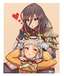 2girls :o animal_ears arms_behind_head black_hair blush bodysuit border cat_ears epaulettes facial_mark gloves hair_down hey_cre long_hair morag_ladair_(xenoblade) multiple_girls nia_(xenoblade) no_headwear no_headwear pink_background playing_with_another&#039;s_ears short_hair silver_hair twitter_username white_border white_gloves xenoblade_chronicles_(series) xenoblade_chronicles_2 yellow_bodysuit