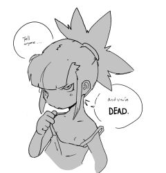 1girl angry bad_tag blush digimon digimon_tamers english_text female flashing flashing_breasts flat_chest greyscale loli looking_at_viewer makino_ruki monochrome nipples ponytail simple_background sketch solo speech_bubble tank_top tsundere white_background