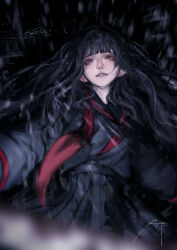 1girl absurdres arai_bokuseki black_eyes black_hair black_serafuku black_skirt blunt_bangs cityscape commentary_request dark highres implied_suicide light_smile long_hair neckerchief night original parted_lips rain red_neckerchief school_uniform serafuku skirt solo teeth undone_neckerchief