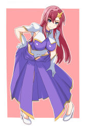 1girl blue_eyes border breasts capelet full_body gloves gundam gundam_seed gundam_seed_destiny hair_ornament hand_on_knee hand_on_own_hip hand_on_own_knee highleg highleg_leotard highres infinite_moppy large_breasts leaning_forward leotard long_hair meer_campbell multicolored_leotard outside_border pink_background pink_hair purple_leotard purple_skirt seductive_gaze seductive_smile skirt smile solo star_(symbol) star_hair_ornament two-tone_background white_border white_capelet white_footwear white_gloves