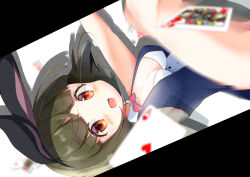 :d absurdres ace_(playing_card) ace_of_hearts alternate_breast_size alternate_costume animal_ear_hairband animal_ears blue_vest blurry blurry_foreground blush bow bowtie breasts breasts_out card commentary_request depth_of_field detached_collar fake_animal_ears gradient_eyes green_hair hairband heart highres kin-iro_mosaic leotard medium_breasts multicolored_eyes nontraditional_playboy_bunny oomiya_shinobu open_mouth orange_eyes pink_bow pink_bowtie playing_card queen_(playing_card) queen_of_hearts_(playing_card) rabbit_ears shadow short_hair simple_background smile upside-down vest wanwan_(skoji1234) white_background white_leotard